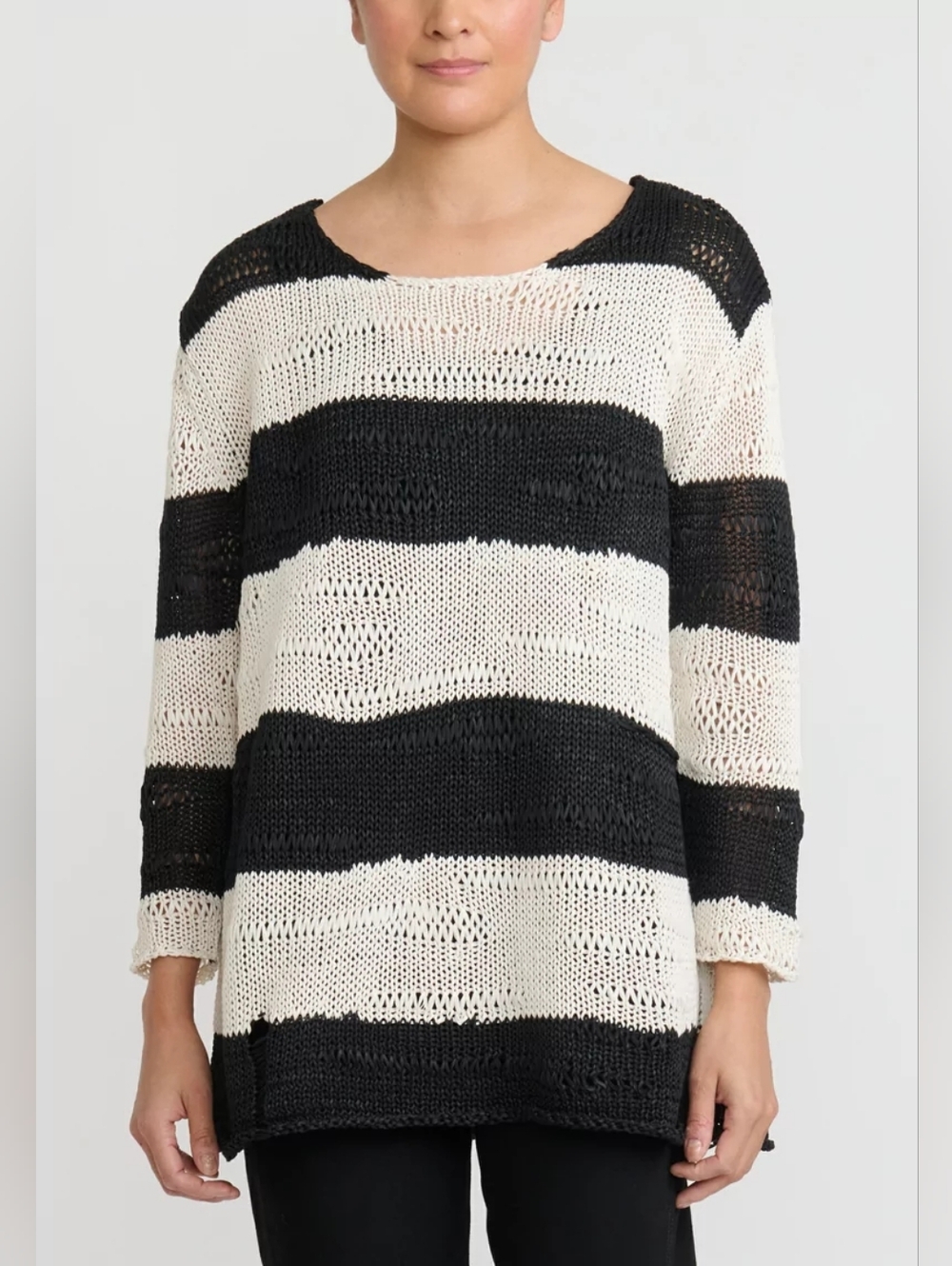 RUNDHOLZ Striped Long Sleeve Multi-Knit Sweater in Black and White Size S